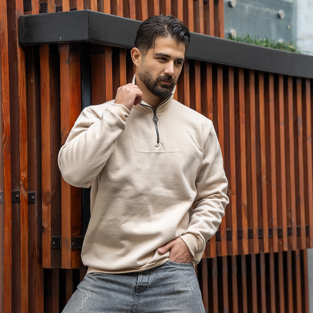 هودی نیم زیپ مردانه کرم مدل Shobin
