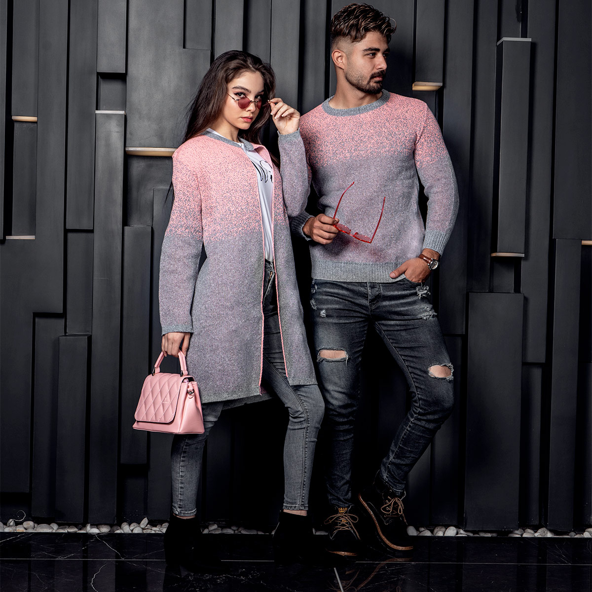 ست بافت طوسی صورتی مدل Shiba