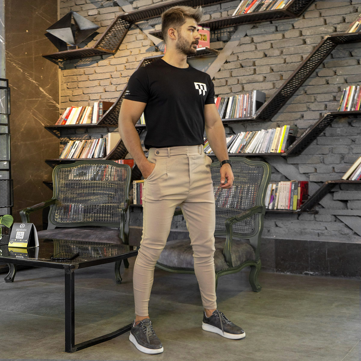 شلوار اسلش کمربندی کرمی مردانه مدل Zaros