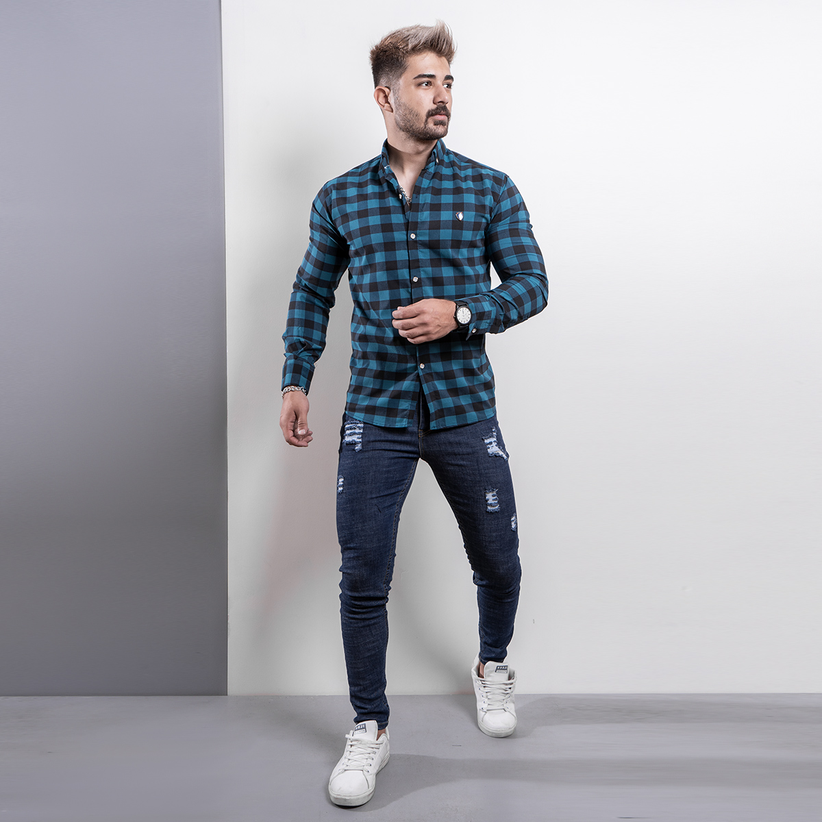 پیراهن شطرنجی سبز مردانه مدل Crown