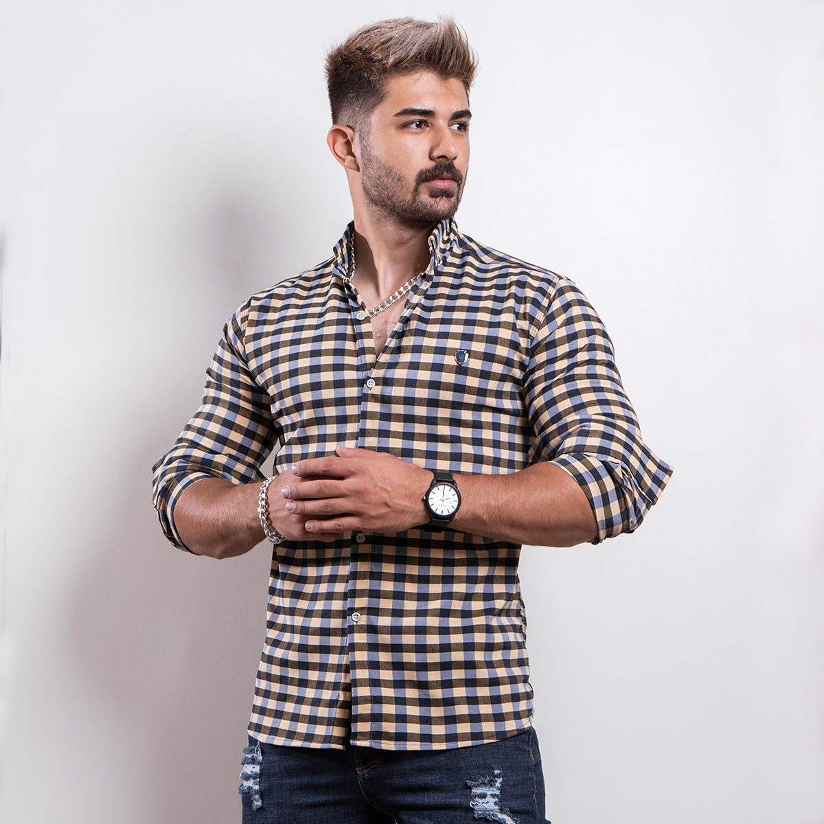 پیراهن شطرنجی زرد مردانه مدل Crown