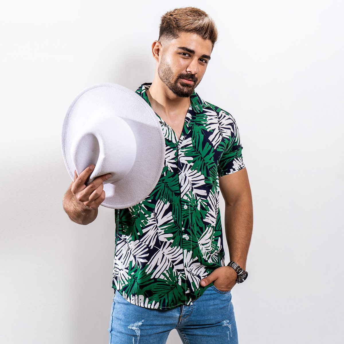 پیراهن هاوایی سبز مردانه(T) مدل Hogo