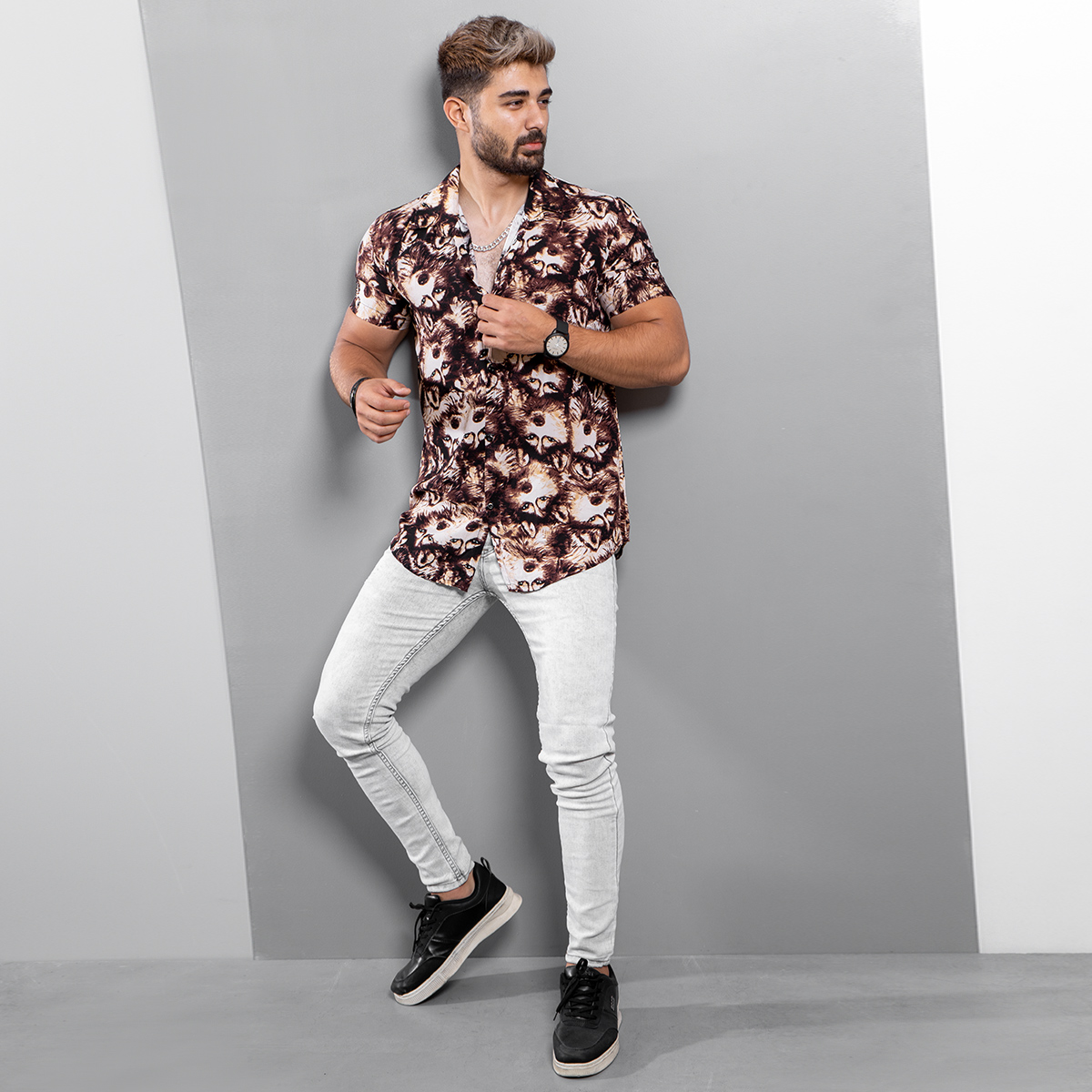 پیراهن هاوایی مردانه مدل Wolf